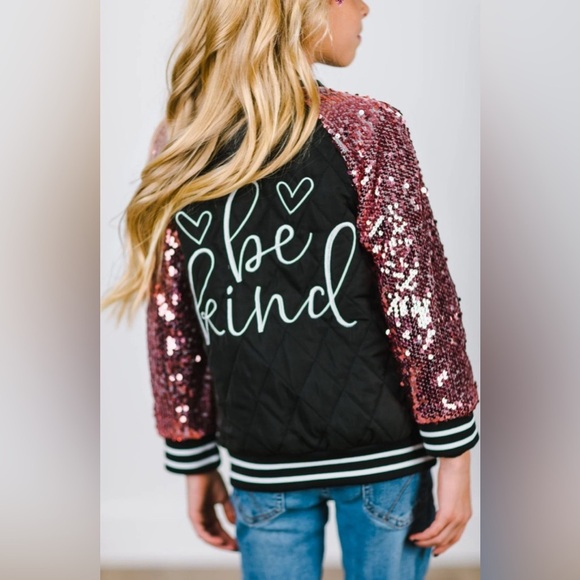 Girls Black Bomber Jacket Pink Sequin Sleeves Be Kind Graphic Sparkly Sm NIP - Picture 4 of 15